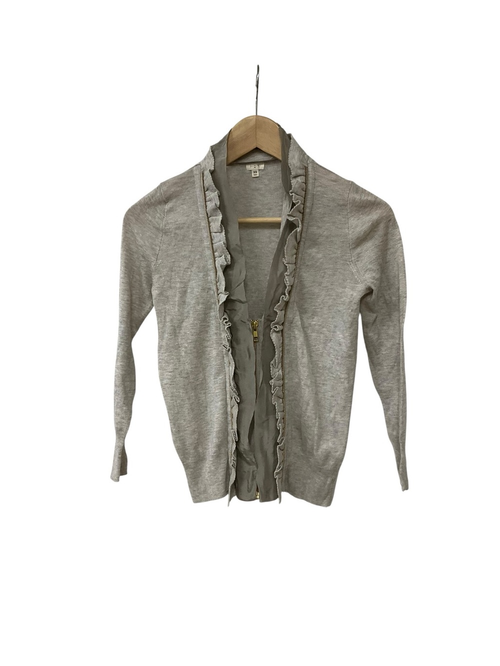 Y2K J Crew Zip Up Ruffle Grey Pima Cotton Wool Cardigan Sweater XS